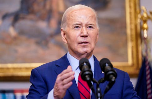 U.S. President Joe Biden speaks about student protests at U.S. universities amid the ongoing conflict between Israel and Hamas during brief remarks in the Roosevelt Room at the White House in Washington, U.S., May 2, 2024. REUTERS/Nathan Howard/File Photo