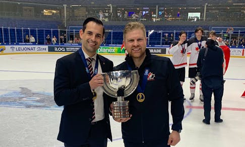 St. John’s natives Travis Crickard (left) and A.J. Murley won gold over the weekend with the Canadian under-18 men’s national team at the 2024 IIHF Under-18 World Championships. Crickard was an assistant coach with the team, while Murley was the team’s equipment manager. Contributed photo