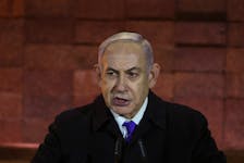 Israeli Prime Minister Benjamin Netanyahu speaks during the opening ceremony marking Israel's national Holocaust Remembrance Day at Yad Vashem, the World Holocaust Remembrance Center, in Jerusalem May 5, 2024.