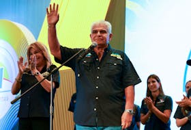 Presidential candidate Jose Raul Mulino gestures to his supporters after he was declared the winner of the presidential election based on preliminary results by the electoral authority, in Panama City, Panama May 5, 2024.