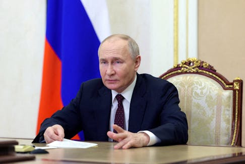 Russian President Vladimir Putin chairs a meeting on economic issues via video link at the Kremlin in Moscow, Russia May 3, 2024. Sputnik/Aleksey Babushkin/Kremlin via