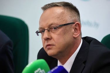 Tomasz Szmydt, a Polish judge who requested political asylum in Belarus, attends a press conference at the BelTA news agency in Minsk, Belarus May 6, 2024. BelTA/Maxim Guchek/Handout via