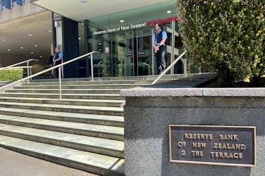 View of an entrance to the Reserve Bank of New Zealand in Wellington, New Zealand November 10, 2022.