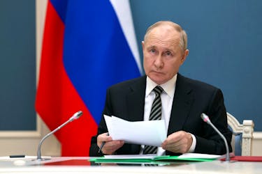Russia's President Vladimir Putin inspects a military exercise, which tests the country's ability to deliver a massive retaliatory nuclear strike by land, sea and air, via a video link from Moscow, Russia October 25, 2023. Sputnik/Gavriil Grigorov/Pool via