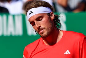 Tennis - ATP Masters 1000 - Monte Carlo Masters - Monte Carlo Country Club, Roquebrune-Cap-Martin, France - April 14, 2024 Greece's Stefanos Tsitsipas in action during his final match against Norway's Casper Ruud