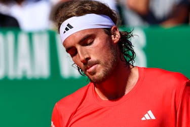 Tennis - ATP Masters 1000 - Monte Carlo Masters - Monte Carlo Country Club, Roquebrune-Cap-Martin, France - April 14, 2024 Greece's Stefanos Tsitsipas in action during his final match against Norway's Casper Ruud