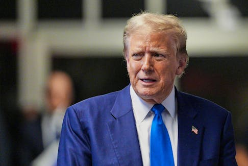 Former President Donald Trump speaks with the media at Manhattan Supreme Court during the proceedings in his criminal trial at the New York State Supreme Court in New York, New York, Friday, May, 3, 2024. Curtis Means/Pool via