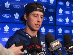 Toronto Maple Leafs Mitch Marner speaks to the media at the Ford Performance Centre on locker cleanup day. in Toronto.