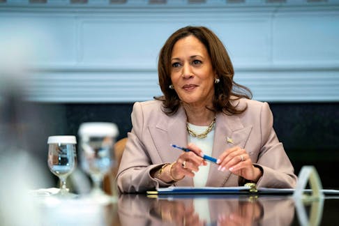 U.S. Vice President Kamala Harris looks on during a roundtable on criminal justice in the Roosevelt Room at the White House in Washington, U.S. April 25, 2024.