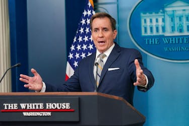 White House National Security Communications Advisor John Kirby responds to a question during a press briefing at the White House in Washington, U.S., May 6, 2024.