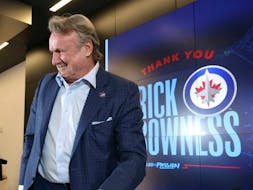 Former Winnipeg Jets head coach Rick Bowness walks off at the end of a news conference at which he announced his retirement from coaching in the NHL on May 6, 2024.