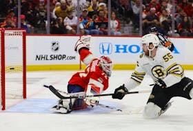 Boston Bruins right wing Justin Brazeau scores against Florida Panthers goaltender Sergei Bobrovsky during the third period in Game One of the second round of the 2024 Stanley Cup Playoffs at Amerant Bank Arena in Sunrise, Fla., on Monday, May 6, 2024. - Sam Navarro / USA TODAY Sports
