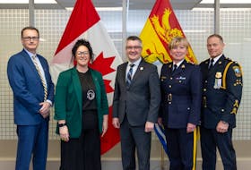 The provincial government has introduced amendments to the Motor Vehicle Act that, if passed, would strengthen the administrative penalties for impaired driving and implement a program to suspend a driver’s licence on the spot. From left: Steve Sullivan, CEO of MADD Canada; Meg Wetmore, Atlantic region victim services manager of MADD Canada; Justice and Public Safety Minister Kris Austin; Assistant Commissioner DeAnna Hill, commanding officer of the RCMP in New Brunswick; and Woodstock police Chief Gary Forward, who is also president of the New Brunswick Association of Chiefs of Police.
