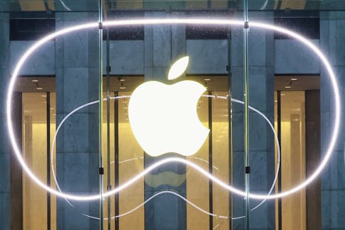 A logo is pictured outside the Apple Fifth Avenue store as Apple's Vision Pro headset is presented there, in Manhattan in New York City, U.S., February 2, 2024.