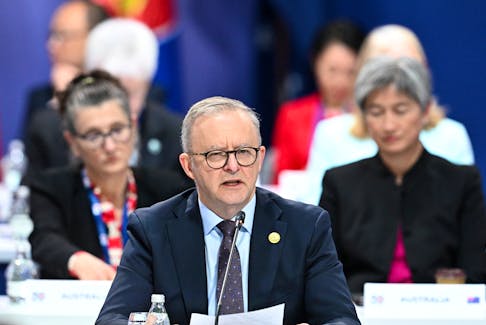 Australian Prime Minister Anthony Albanese (centre) gives an address to the Leaders’ Plenary during the 2024 ASEAN-Australia Special Summit at the Melbourne Convention and Exhibition Centre in Melbourne, Australia, March 6, 2024.    JOEL CARRETT/Pool via