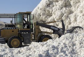 A worker moves freshly harvested cotton at a processing plant in Aksu, Xinjiang Uighur Autonomous Region, December 1, 2015.