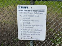 A sign with a list of rules banning competitive play and other restrictions at a west end baseball diamond is seen in this image taken from social media over the weekend.