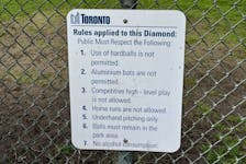 A sign with a list of rules banning competitive play and other restrictions at a west end baseball diamond is seen in this image taken from social media over the weekend.