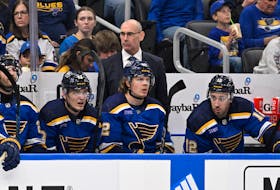 Apr 14, 2024; St. Louis, Missouri, USA; St. Louis Blues Interim Head Coach Drew Bannister looks on during the third period of a hockey game against the Seattle Kraken at Enterprise Center. Mandatory Credit: Jeff Le-USA TODAY Sports/File Photo