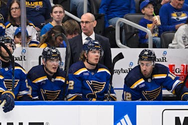 Apr 14, 2024; St. Louis, Missouri, USA; St. Louis Blues Interim Head Coach Drew Bannister looks on during the third period of a hockey game against the Seattle Kraken at Enterprise Center. Mandatory Credit: Jeff Le-USA TODAY Sports/File Photo