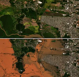 A combination picture shows satellite views of an area in Porto Alegre, Rio Grande do Sul, Brazil, April 21, 2024, before flooding occurred (top) and on May 6, 2024 (bottom) after flooding occurred. European Union/Copernicus Sentinel-2/Handout via REUTERS