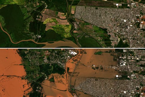 A combination picture shows satellite views of an area in Porto Alegre, Rio Grande do Sul, Brazil, April 21, 2024, before flooding occurred (top) and on May 6, 2024 (bottom) after flooding occurred. European Union/Copernicus Sentinel-2/Handout via REUTERS