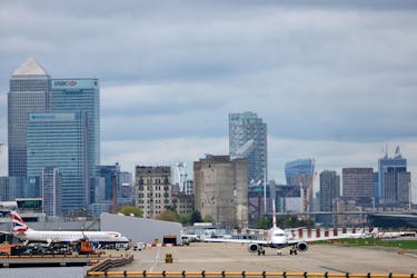A British Airways Embraer ERJ-190SR passes as it takes off from London City Airport in London, Britain, April 11, 2024.