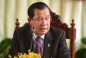Hun Sen speaks at a press conference at the National Assembly after a vote to confirm his son, Hun Manet, as Cambodia's prime minister in Phnom Penh, Cambodia, August 22, 2023.