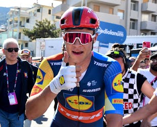 Cycling - Giro d'Italia - Stage 4 - Acqui Terme to Andora - Italy - May 7, 2024 Lidl - Trek's Jonathan Milan celebrates after winning stage 4