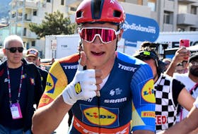 Cycling - Giro d'Italia - Stage 4 - Acqui Terme to Andora - Italy - May 7, 2024 Lidl - Trek's Jonathan Milan celebrates after winning stage 4