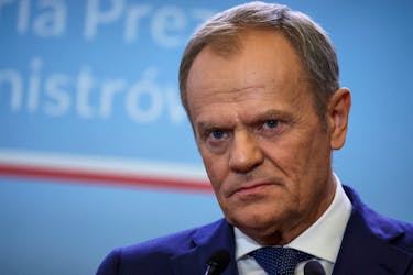 Polish Prime Minister Donald Tusk looks on during a press conference with Danish Prime Minister Mette Frederiksen in Warsaw, Poland, April 15, 2024.