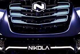 U.S. Nikola's logo is pictured at an event held to present CNH's new full-electric and Hydrogen fuel-cell battery trucks in partnership with U.S. Nikola event in Turin, Italy, December 3, 2019.