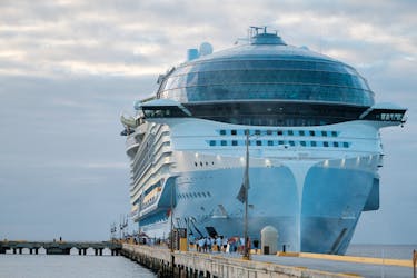 Tourists leave the Royal Caribbean's Icon of the Seas, the largest cruise ship in the world, after arriving at Costa Maya Cruise Port, in the village town of Mahahual, Quintana Roo state, Mexico, February 6, 2024.