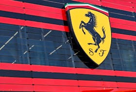 The logo of Ferrari is seen in the headquarters as CEO Benedetto Vigna unveils the company's new long term strategy, in Maranello, Italy, June 15, 2022. Picture taken June 15, 2022.