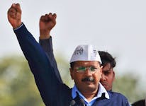 Arvind Kejriwal, chief of Aam Aadmi (Common Man) Party (AAP), shouts slogans after taking the oath as the new chief minister of Delhi during a swearing-in ceremony at Ramlila ground in New Delhi February 14, 2015.
