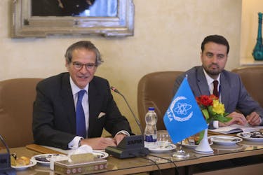International Atomic Energy Agency (IAEA) Director General Rafael Grossi meets with the Head of Iran's Atomic Energy Organization Mohammad Eslami (not pictured) in Isfahan, Iran, May 7, 2024. Iran's Atomic Energy Organization/WANA (West Asia News Agency)/Handout via REUTERS