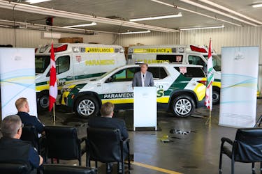 Health Minister Mark McLane speaks at a news conference in Charlottetown on May 7 announcing the launch of community paramedic response units, non-ambulatory units that can provide some in-home treatments. Stu Neatby • The Guardian
