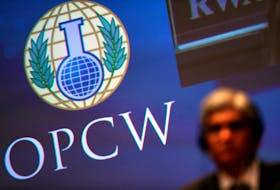 The logo of the Organisation for the Prohibition of Chemical Weapons (OPCW) is seen during a special session in the Hague, Netherlands June 26, 2018. 