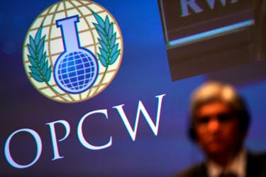The logo of the Organisation for the Prohibition of Chemical Weapons (OPCW) is seen during a special session in the Hague, Netherlands June 26, 2018. 