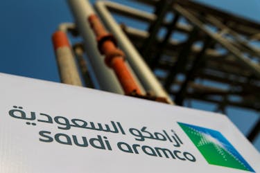 Saudi Aramco logo is pictured at the oil facility in Abqaiq, Saudi Arabia October 12, 2019.