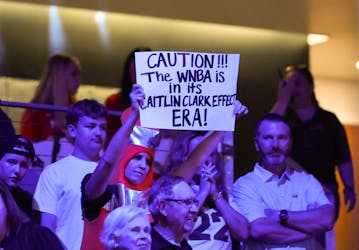 May 3, 2024; Dallas, Texas, USA; Indiana Fever fan holds up a sign during the game against the Dallas Wings at College Park Center.  Mandatory Credit: Kevin Jairaj-USA TODAY Sports/File Photo