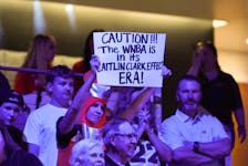 May 3, 2024; Dallas, Texas, USA; Indiana Fever fan holds up a sign during the game against the Dallas Wings at College Park Center.  Mandatory Credit: Kevin Jairaj-USA TODAY Sports/File Photo