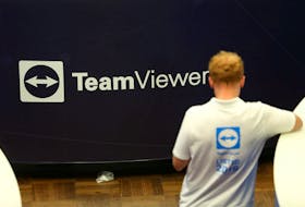 The logo of software company TeamViewer AG is pictured during TeamViewer's initial public offering (IPO) at the Frankfurt Stock Exchange in Frankfurt, Germany, September 25, 2019.