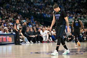 May 3, 2024; Dallas, Texas, USA; Dallas Mavericks guard Luka Doncic (77) walks back up the court during the first quarter against the LA Clippers during game six of the first round for the 2024 NBA playoffs at American Airlines Center. Mandatory Credit: Jerome Miron-USA TODAY Sports/File Photo