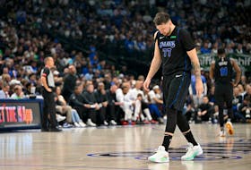 May 3, 2024; Dallas, Texas, USA; Dallas Mavericks guard Luka Doncic (77) walks back up the court during the first quarter against the LA Clippers during game six of the first round for the 2024 NBA playoffs at American Airlines Center. Mandatory Credit: Jerome Miron-USA TODAY Sports/File Photo