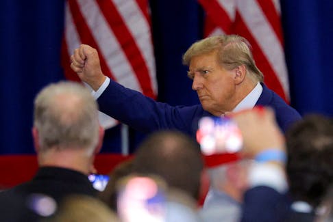 Republican presidential candidate and former U.S. President Donald Trump gestures during a campaign rally in Green Bay, Wisconsin, U.S., April 2, 2024. 