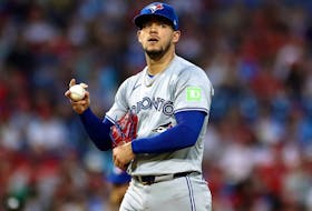 Jose Berrios of the Toronto Blue Jays reacts during the fourth inning against the Philadelphia Phillies at Citizens Bank Park on Tuesday, May 7, 2024, in Philadelphia, Pa. 