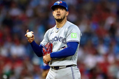 Jose Berrios of the Toronto Blue Jays reacts during the fourth inning against the Philadelphia Phillies at Citizens Bank Park on Tuesday, May 7, 2024, in Philadelphia, Pa. 