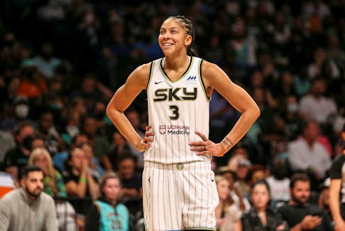 Aug 23, 2022; Brooklyn, New York, USA; Chicago Sky forward Candace Parker (3) reacts after being called for a foul in the third quarter against the New York Liberty at Barclays Center. Mandatory Credit: Wendell Cruz-USA TODAY Sports/File Photo