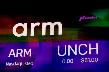 A screen displays the logo of Softbank's Arm, chip design firm, during the company’s initial public offering (IPO) at Nasdaq Market site in New York, U.S., September 14, 2023.